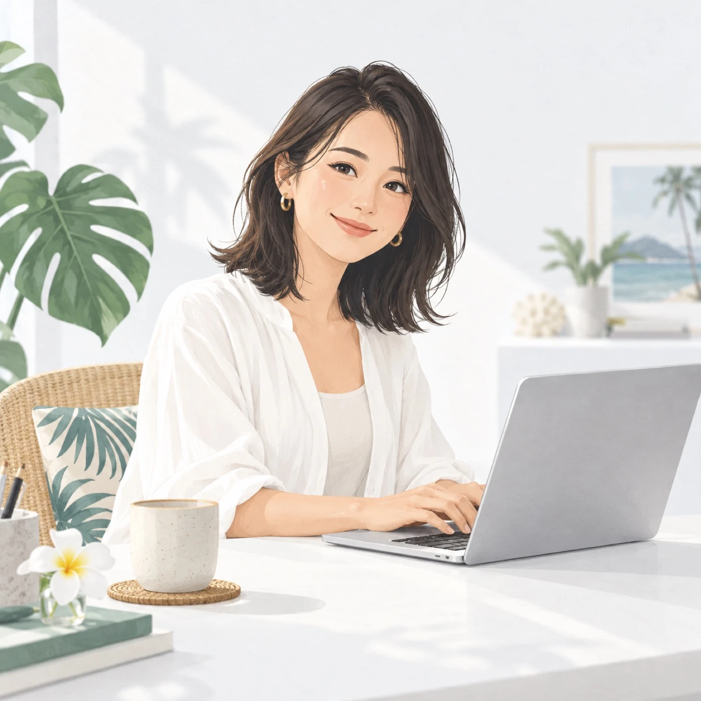 ノートパソコンで作業する、Kumu Noa代表をイメージした女性のイラスト